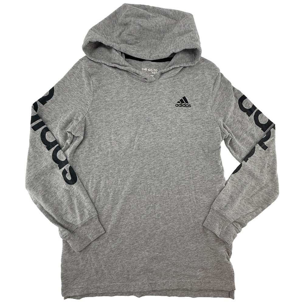 Adidas Hoodie Youth Medium Gray Logo Sleeve Athletic Pullover Kids
